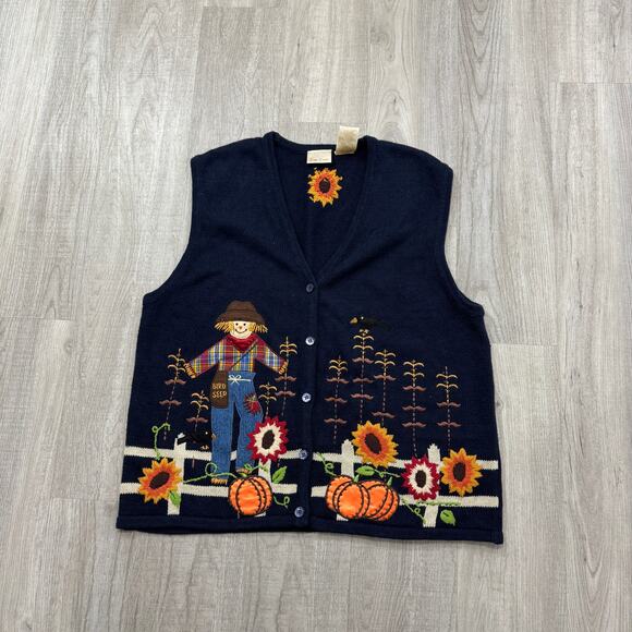 Vintage Halloween Knit Sweater Vest Size XL Blue Scare Crow Pumpkin 90s Spooky - Picture 1 of 5